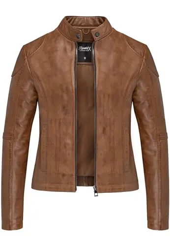 Produktbild REPUBLIX Damen Echtleder Jacke Biker Zipper Lederjacke RJ-8010 Cognac 3XL