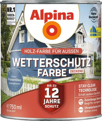 Alpina Wetterschutzfarbe Holzfarbe deckend Friesenblau 750ml