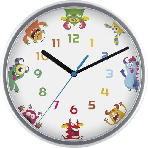 Eurotime 82330-07-Kinder-Quarzwanduhr mit schleichender Sekunde, Motiv-Zifferblatt Monster, 24 cm Durchmesser, Kunststoffgehäuse und Echtglasabdeckung