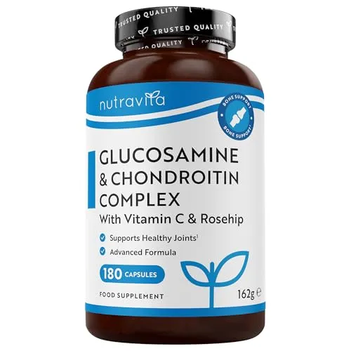 Glucosamin Chondroitin Hochdosiert Komplex mit Vitamin C für eine normale Kollagenbildung (EFSA) Kurkuma Ingwer & Hagebutten Kapseln, 180 Chondroitin Glucosamine Kapseln - 3 Monate Vorrat, Nutravita