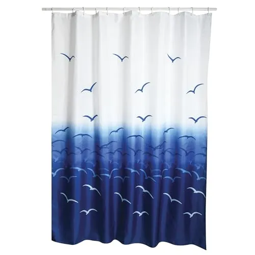 MSV Duschvorhang Anti-Schimmel Möwe, 180 x 200 cm - Duschvorhang aus 100% Polyester mit antibakterieller Beschichtung. Wasserabweisend, waschbar und mit verstärktem Saum. Ideal für Dusche & Badewanne, inklusive 12 Vorhangringen.