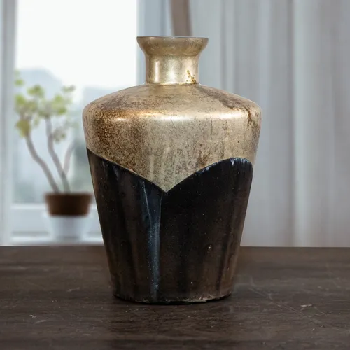 Kleine Blumenvase, Schwarz-silber, Kupferakzente, Blumenvase, Shabby Shic