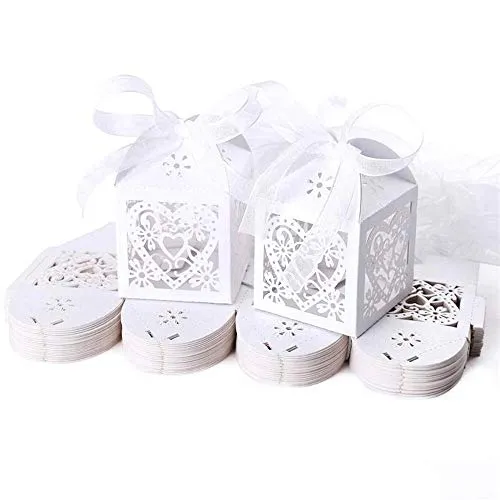 JZK 50 perlweiße Herz-Konfettihalter, Tischkarten, Gastgeschenke, Geschenkboxen für Hochzeit, Geburtstag, Taufe, Kommunion, Geburt, Weihnachten