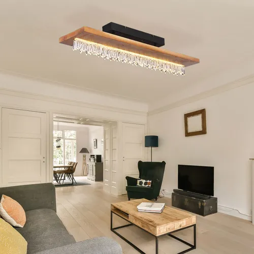 Moderne Deckenleuchte Kristall mit Holzoptik - Lampen - Elegante Deckenlampe mit Kristalldekor und energiesparender 25W LED, ideal für Esszimmer, bietet warmweißes Licht (3000K) und beeindruckende 1546 Lumen.