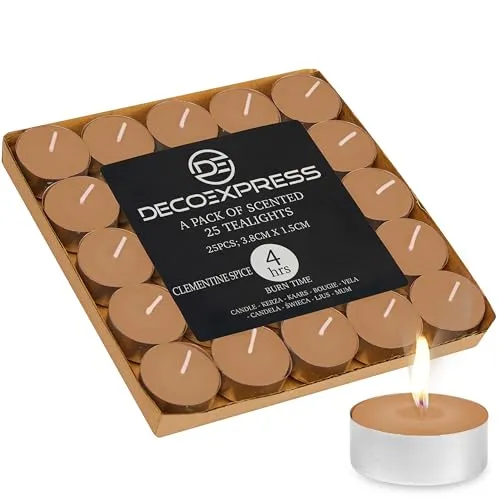DECO EXPRESS Teelichter Großpackung, 24, 25, 50, 100 oder 200 Teelichter Lange Brenndauer 4, 8 oder 10 Stunden (Clementinengewürze 25/4 Stunden)