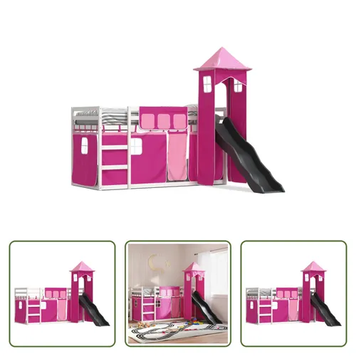 The Living Store Etagenbett mit Rutsche und Gardinen Rosa 90x200 cm