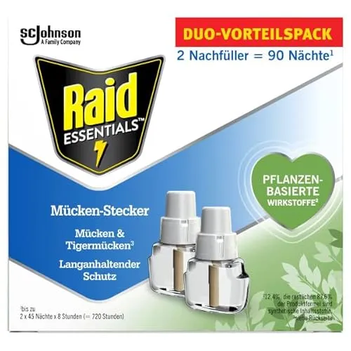 Raid Essentials Mückenstecker 45 Nächte Nachfüller, Elektrischer Insekten-Schutz vor Mücken & Tigermücken, 2er Pack (2 x 32 ml)