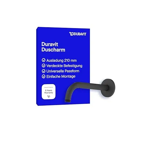 Duravit Brausearm gebogen 21 cm UV0670027046 - Badarmaturen in schwarz matt, mit runder Rosette für eine elegante Wandmontage und modernes Design.