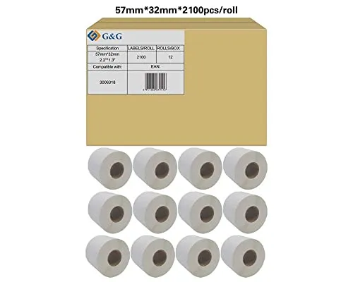 G&G Etiketten kompatibel mit Zebra Z-Select 2000T - 3006318 (12x Rollen a 2.100 Etiketten) Gesamt Etiketten: 25.200 / 57x32mm