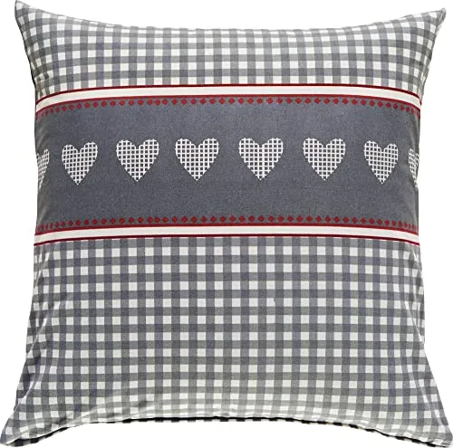 Erwin Müller Feinflanell-Zusatzkissenbezug, Kissenhülle, Karo, Herz grau-rot-weiß Größe 80x80 cm - für die kalte Jahreszeit, weich, flauschig, mit praktischem Reißverschluss