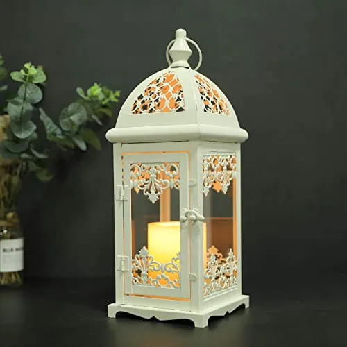 JHY DESIGN Deko Hängend Kerzenlaterne 38cm Hohe, Metall mit Glas Kerzen Laternen Vintage Gartenlaterne Windlicht Benutzt für Außen Outdoor Innen Partys Hochzeiten Indoor Garten Flur Party deko(Sahne)