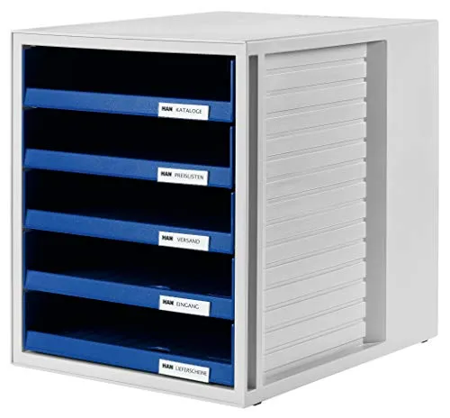 HAN Schubladenbox Schrank-Set blau 1401-14, DIN C4 mit 5 Schubladen - Ordnungssystem mit Auszugssperre für maximale Sicherheit und Made in Germany Qualität