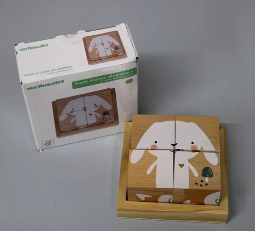 Vertbaudet Baby Puzzle 4 Würfel der Tiere Märchenwald Holz NEU