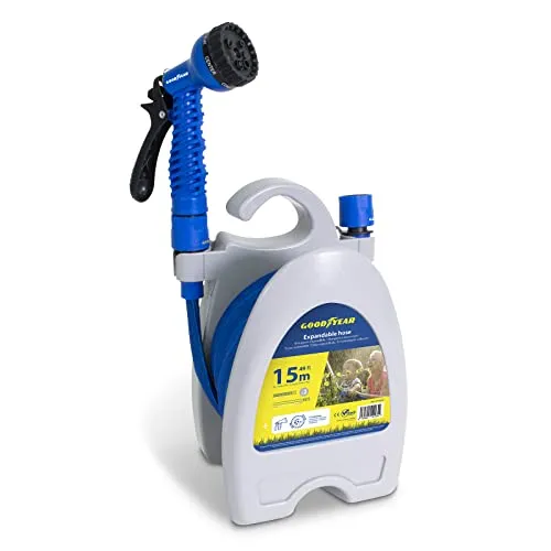 GOODYEAR Flexibler Gartenschlauch, dehnbar, 15 m, für den Gebrauch im Garten mit hoher Dichte, Inkl. Bewässerungspistole mit 7 Positionen