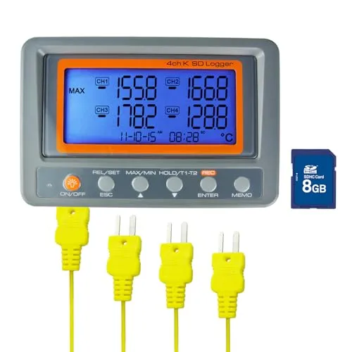 Gain Express 4 Kanäle K-Typ Thermoelement Temperatur-Datenlogger Recorder mit SD-Karte, hohe Genauigkeit, großes LCD-Display, hoher/niedriger Alarm