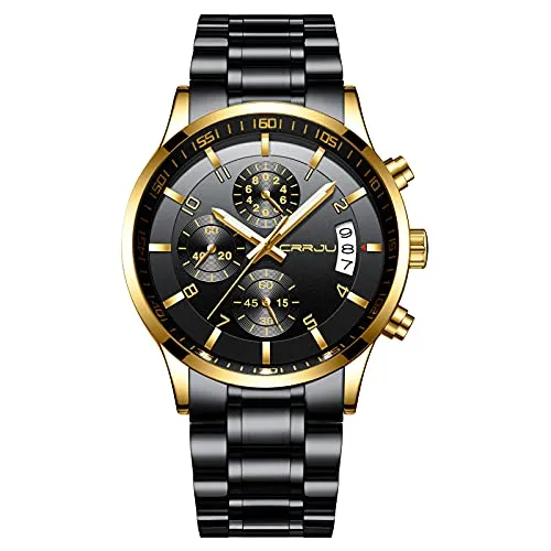 CRRJU Herren Uhr wasserdichte Chronographen Armbanduhr Männer Edelstahlarmband Business Analog Quarzuhr mit Kalender (Schwarz Gold Gold)