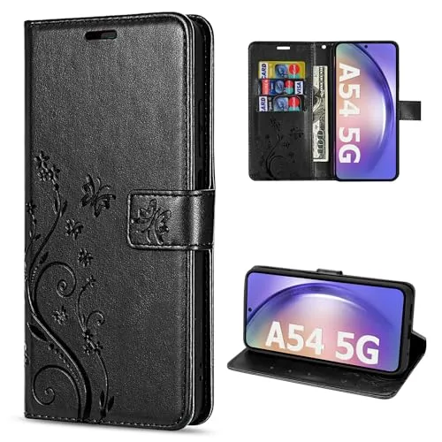 betterfon Hülle Kompatibel mit Samsung Galaxy A54 5G | Premium PU Leder Handyhülle Wallet Case für Galaxy A54 5G | Schutzhülle Blumen Klapphülle Handyhülle | Schwarz
