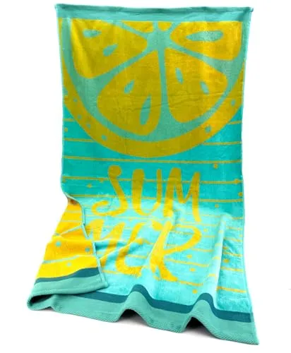 heimtexland ® Strandtuch Soft Velours Badetuch Sommer Handtuch 90 x 160 cm Duschtuch saugstark Frottier 100% Baumwolle Oeko-TEX Typ907 Zitrone blau - 1 Stück