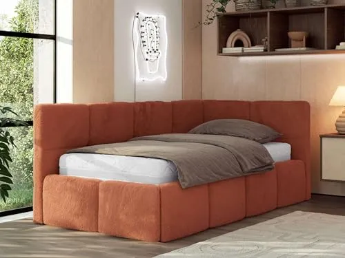 MKS MEBLE Jugendbett ARVO 90x200 cm mit Bettkasten und Polsterung in Orange - Kompaktes Jugendbett 90x200 cm mit integriertem Stauraum und bequemer Polsterung. Ideal für stilvolle Jugendzimmer, bietet viel Platz für Decken und Kissen. Wählen Sie zwischen verschiedenen Matratzen für individuellen Schlafkomfort.