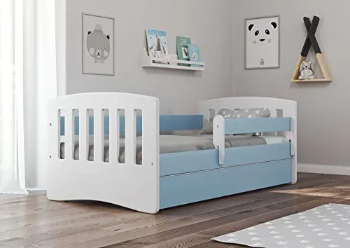 Kinderbett Jugendbett 80x160 80x180 mit Rausfallschutz Matratze Schublade und Lattenrost Kinderbetten für Mädchen und Junge - Classic I (80 x 160 cm mit Matratze, Blau)