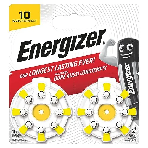 Energizer Hörgerätebatterien Größe 10 (16 Stück) Zink-Luft - Batterien für Hörgeräte & Hörhilfen - 4 Jahre lagerfähig