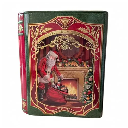 POWERHAUS24 Nikolaus zu Gast Blechdose in Buchform, geprägtes Motiv, Goldverzierung, nostalgische Geschenkdose/Keksdose, lebensmittelecht, Dekoration zur Adventszeit 17,5 cm x 15 cm