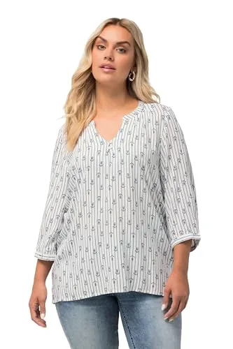 Ulla Popken Damen Tunika mit Knopfleiste - Blusen & Tuniken für Damen, feines Vogelmuster und weich fließende Viskose für einen eleganten Look und hohen Tragekomfort.
