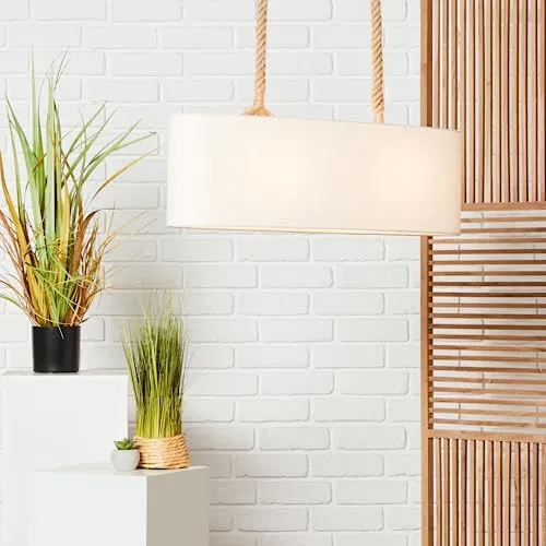 flammige Hängelampe im Nature Stil - dimmbare Pendelleuchte mit stilvollen Textilschirm - 2 x E27 max. 40W - geeignet für E27 Leuchtmittel - aus Seil/Textil/Metall - in Naturfarben/Weiß - 1,2m Höhe 2