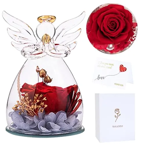 SAMISO Ewige Rose im Engel Figur Geschenke für Mama,Ewige Rose in Engel Glaskuppel,Konservierte Blumen in Engelsfigur,Geburtstagsgeschenk für Frauen,Muttertagsgeschenke für Mama