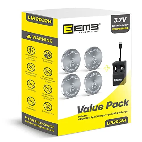 EEMB LIR2032H wiederaufladbares Akkus Batterie Ladegerät mit 4PCS 3.7V Lithium-Ionen-Münz-Knopf-Zelle Batterie 70mAh kann ML2032 für Auto Remote Key Fob Uhr ersetzen