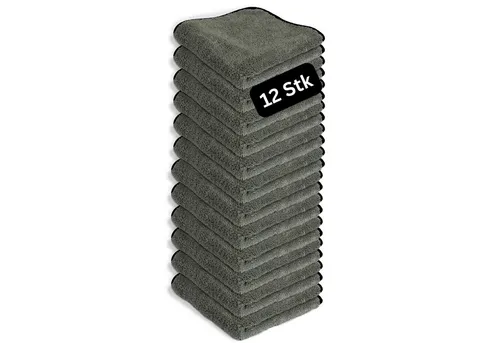 bio-chem 12X Super Flausch Mikrofasertücher - Hochwertige Mikrofasertücher in Grau-Schwarz, extra weich und saugstark. Ideal für streifenfreies Reinigen von empfindlichen Oberflächen im Haushalt und Caravan. Waschmaschinenfest und langlebig für professionelle Reinigungsergebnisse.