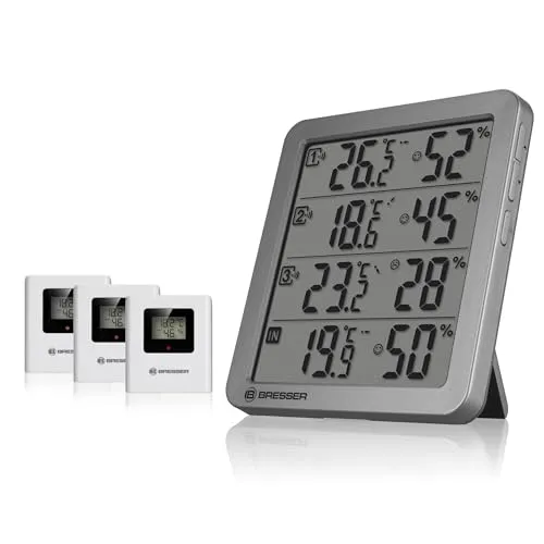 Bresser Quadro NV Thermo-Hygrometer - Hygrometer mit 4 Messpunkten, integriertem Sensor und 3 Funksensoren. Behalten Sie Temperatur und Luftfeuchtigkeit im Blick mit Smiley-Komfortindikator und Min/Max-Speicher.