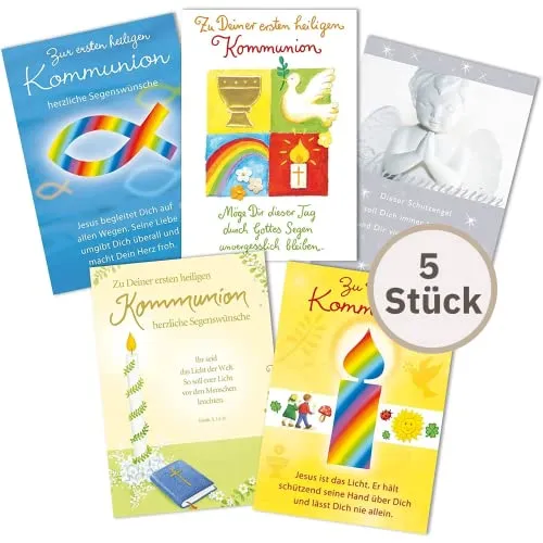Perleberg Kommunionkarten Set mit Umschlag 11,6 x 16,6 cm - 5 Hochwertige Glückwunschkarten zur Kommunion mit bunten Motiven, 7122002-2