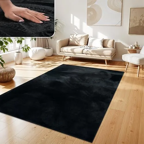 Paco Home Hochflor Teppich Wohnzimmer Flauschig Fellteppich Kunstfell Plüsch Shaggy Weich Fellimitat, Grösse: 120x160 cm, Farbe: Schwarz