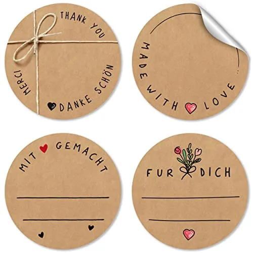 Etiketten selbstklebend zum beschriften - 96 Kraftpapier Sticker | Danke Aufkleber aus Papier 4 cm rund | Aufkleber zum beschriften | Beschreibbar mit jedem Stift!