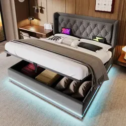 STILVORA Polsterbett 160x200cm mit Stauraum Jugendbett mit LED-Beleuchtung,gepolstertes Kopfteil mit USB Typ-C Ladefunktion,Grau(Ohne Matratze) - Grau