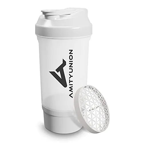 Eiweiß Shaker FYRA 700ml - BPA frei mit Container & Pulverfach, Protein Shaker mit Sieb und Skala für Whey und BCCA Shakes, Fitness Trinkflasche für Smoothie Isolate & Diät Sport Konzentrate in Weiß