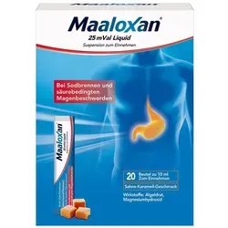 Maaloxan 25 mVal Liquid Beutel Sahne-Karamell - Praktische Liquid Beutel zur Linderung von Sodbrennen und Magenbeschwerden. Genießen Sie den cremigen Sahne-Karamell-Geschmack und die unkomplizierte Anwendung.