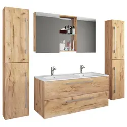 VCM 5-tlg. Doppel Waschplatz - Komplettset Budasi SC - Badmöbel-Set mit 2x Waschtisch, Unterschrank, 2x Hochschrank und Spiegelschrank, ideal für Familienbäder und bietet viel Stauraum.