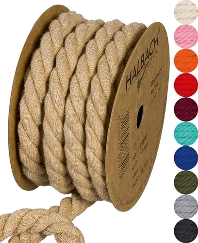 Halbach Seidenbänder recycelte Baumwollkordel, Breite: 10 mm/Länge 4 m, nachhaltiges Baumwollgarn für Makramee, Naturkordel zum Basteln, Farbe: Natur