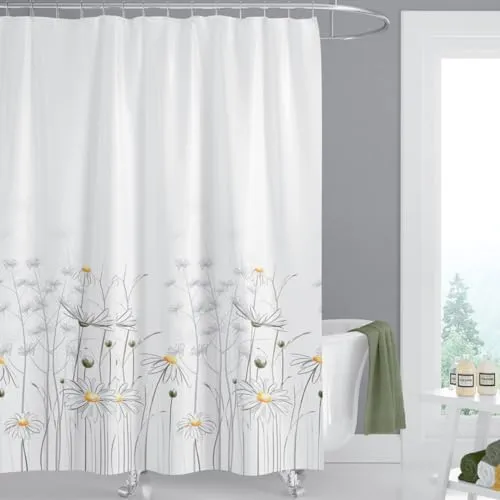 Duschvorhang aus Stoff | DAISY GÄNSEBLÜMCHEN | Textil Duschvorhang in der Größe 120 cm breit x 200 cm hoch | inkl. Ringe | Wannenvorhang | Badvorhang mit Beschwerungsband | Klebt nicht am Körper