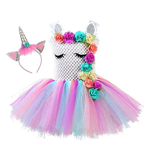 Sincere Party Mädchen Einhorn Prinzessin Regenbogenfarbene Tutu Kleid für Mädchen Geburtstagsfeier, Halloween Einhorn Kostüm oder jeden Tag Einhorn Motto Anlässe (6-7 Jahre/120-130cm).