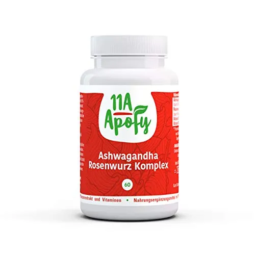 Ashwagandha Rosenwurz Komplex mit dem Markenrohstoff KSM-66®, Vitamin B1 und B5 tragen zu einer normalen Funktion der Psyche bei, 60 Kapseln