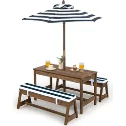 COSTWAY Kinder Picknicktisch mit Bänken, Kissen & Sonnenschirm - Gartenmöbel-Set für Kinder, aus robustem Tannenholz mit höhenverstellbarem Sonnenschirm und bequemen, gepolsterten Kissen – ideal für Spiel und Spaß im Freien!