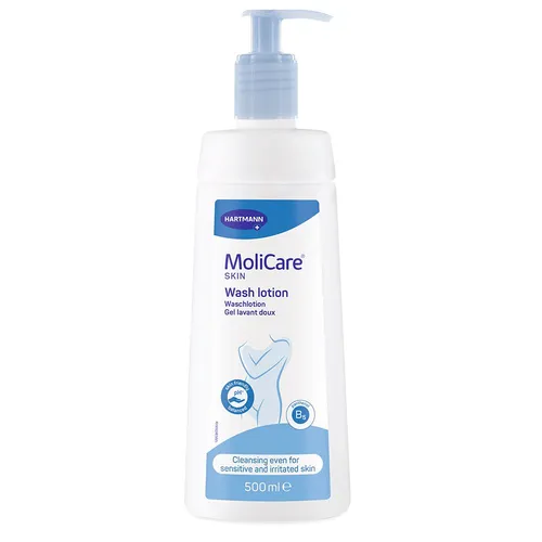 MoliCare® Skin Waschlotion 500 ml - Flasche - Arzneimittel mit Panthenol und Mandelöl, geruchsneutralisierend und hautneutraler pH-Wert für sanfte Reinigung.