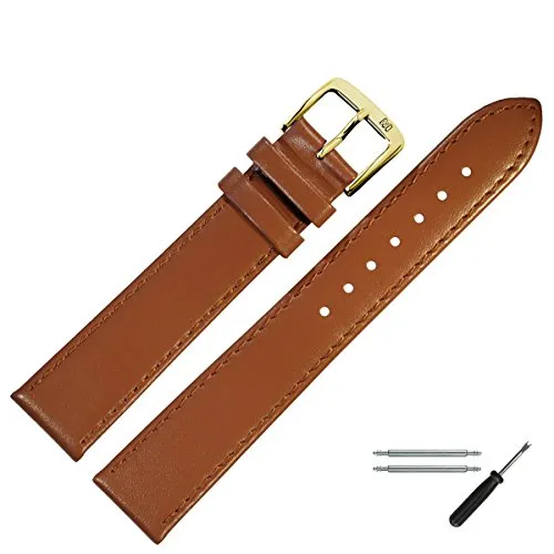 MARBURGER Uhrenarmband 20mm Leder Braun Gold Glatt Mit Naht - Montage Set 7592034000220