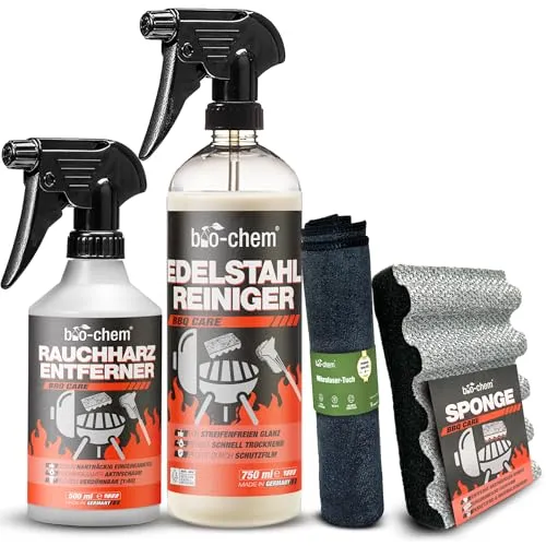 bio-chem Grillreiniger Set 4-teilig: Starke Reinigung für alle Grillarten - Grillreiniger Set für effektive Reinigung von Grill, Grillrost, Gasgrill und mehr. Enthält Rauchharz-Entferner und Edelstahlreiniger für mühelose Pflege und Schutz.