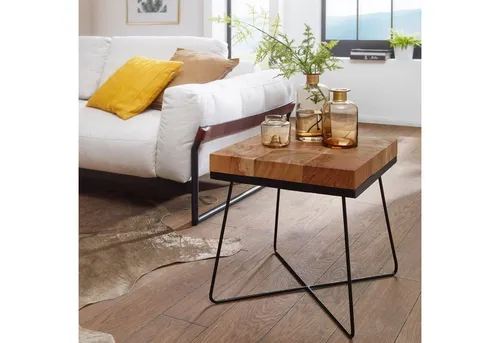 FINEBUY Beistelltisch FB48460 – Stilvoller Sofatisch aus Akazie und Metall - Ablagetisch aus massivem Akazienholz und Metall – vielseitig einsetzbar als Sofatisch oder Nachttisch, ideal für flexibles Wohnen.