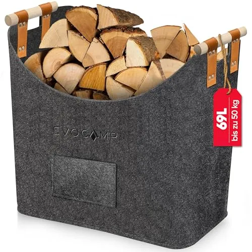 EVOCAMP Filzkorb XXL - 69L, Filztasche groß, mit Holzgriffen, Körbe Aufbewahrung, Holzkorb für Kaminholz, Kaminholzkorb, Kaminholztasche, Brennholzkorb, Zeitungskorb aus Filz (44x44x30 cm), grau
