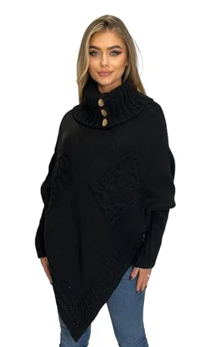 Mississhop Poncho Strick Sweatshirt Pullover Umhang Überwurf 30-01 Schwarz - Strick Ponchos & Capes für Damen, vielseitig tragbar mit modernem asymmetrischen Schnitt und gemütlichem Rollkragen für ultimativen Komfort.